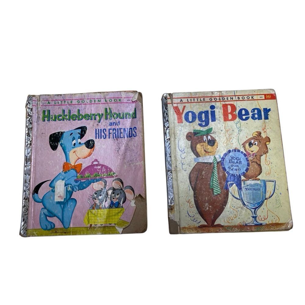 Lot 2 Vintage Little Golden Books Yogi Bear Huckleberry Hound 1960 Hanna Barbera